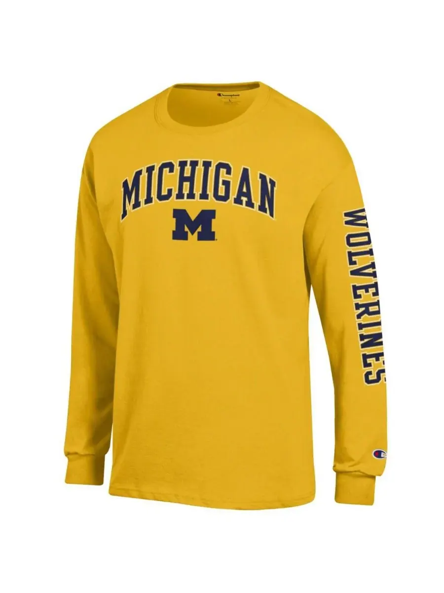 Мужская футболка с длинным рукавом "Maize Michigan Wolverines Arch Over Logo 2-Hit" Champion — изображение 3 из 3, желтый