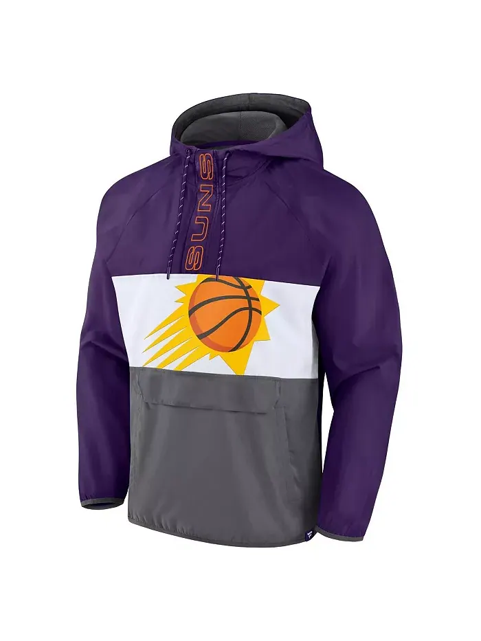 Мужская фиолетово-серая толстовка Phoenix Suns с капюшоном и полумолнией, цветные блоки, реглан — изображение 2 из 3