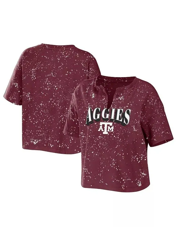 Женская темно-бордовая футболка Texas A&M Aggies Bleach Wash Splatter с укороченным вырезом и — изображение 1 из 3