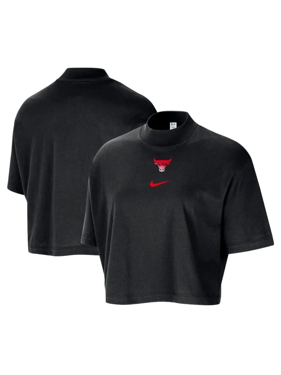 Nike Женская черная укороченная футболка с высоким воротником свободного кроя Chicago Bulls