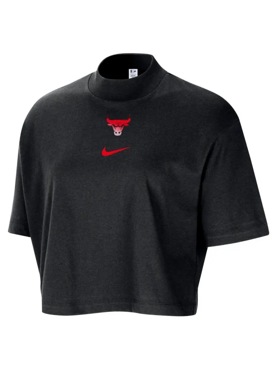 Nike Женская черная укороченная футболка с высоким воротником свободного кроя Chicago Bulls — изображение 2 из 3, черный