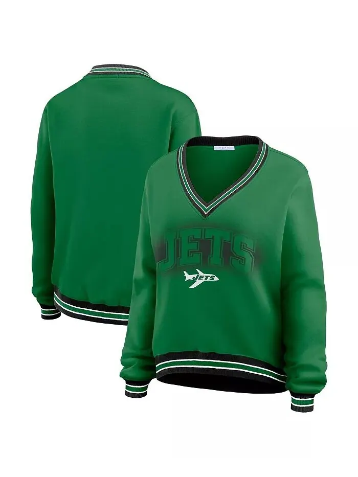 Женская зеленая толстовка New York Jets с длинным рукавом и V-образным вырезом WEAR by Erin Andrews — изображение 1 из 4