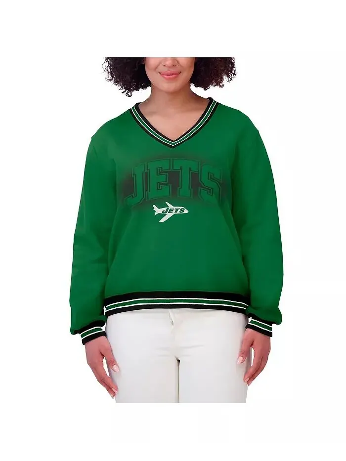 Женская зеленая толстовка New York Jets с длинным рукавом и V-образным вырезом WEAR by Erin Andrews — изображение 2 из 4