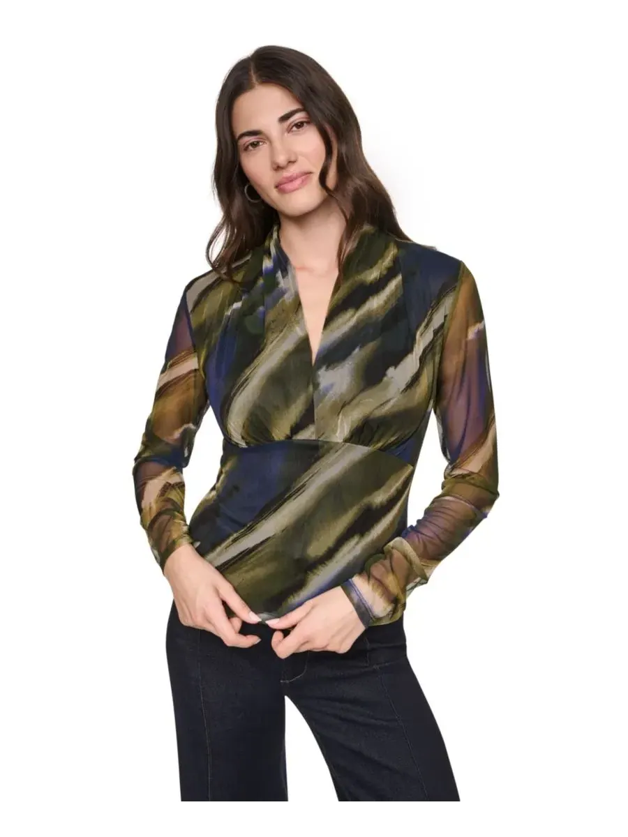Женский топ с длинным рукавом, с принтом, V-образным вырезом DKNY, Brushed Riverside — изображение 1 из 7