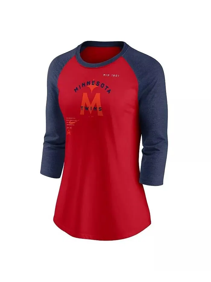Женская красно-темно-синяя футболка Minnesota Twins Next Up Tri-Blend реглан с рукавами 3/4 Nike — изображение 2 из 3