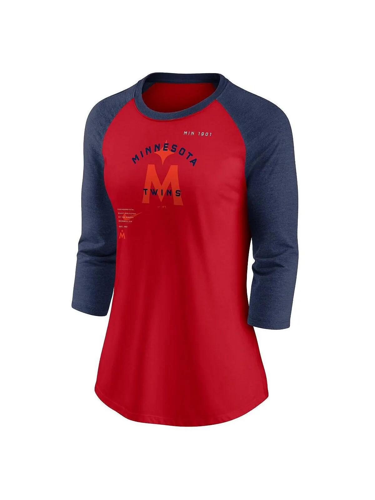 Женская красно-темно-синяя футболка Minnesota Twins Next Up Tri-Blend реглан с рукавами 3/4 Nike — изображение 2 из 3