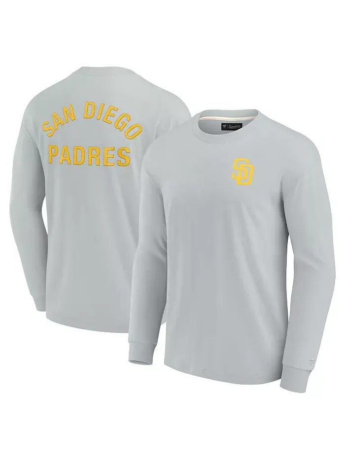 Мужская и женская серая супермягкая футболка с длинным рукавом San Diego Padres Fanatics Signature — изображение 1 из 3