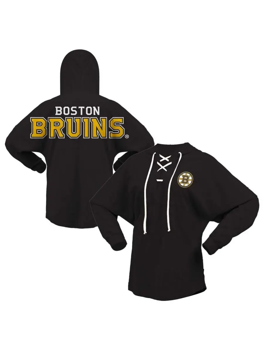 Fanatics Женская черная футболка Boston Bruins с V-образным вырезом, шнуровкой и длинными рукавами — изображение 1 из 3