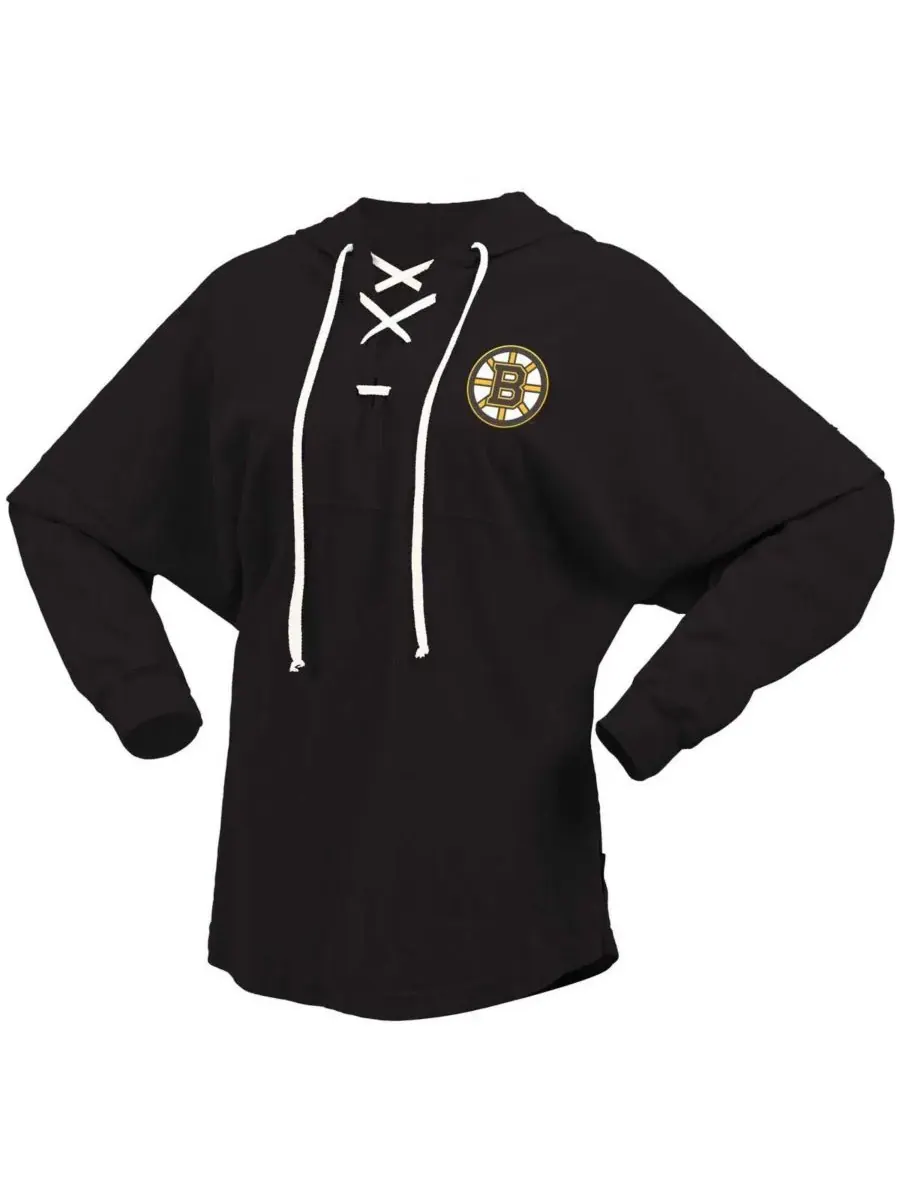 Fanatics Женская черная футболка Boston Bruins с V-образным вырезом, шнуровкой и длинными рукавами — изображение 2 из 3
