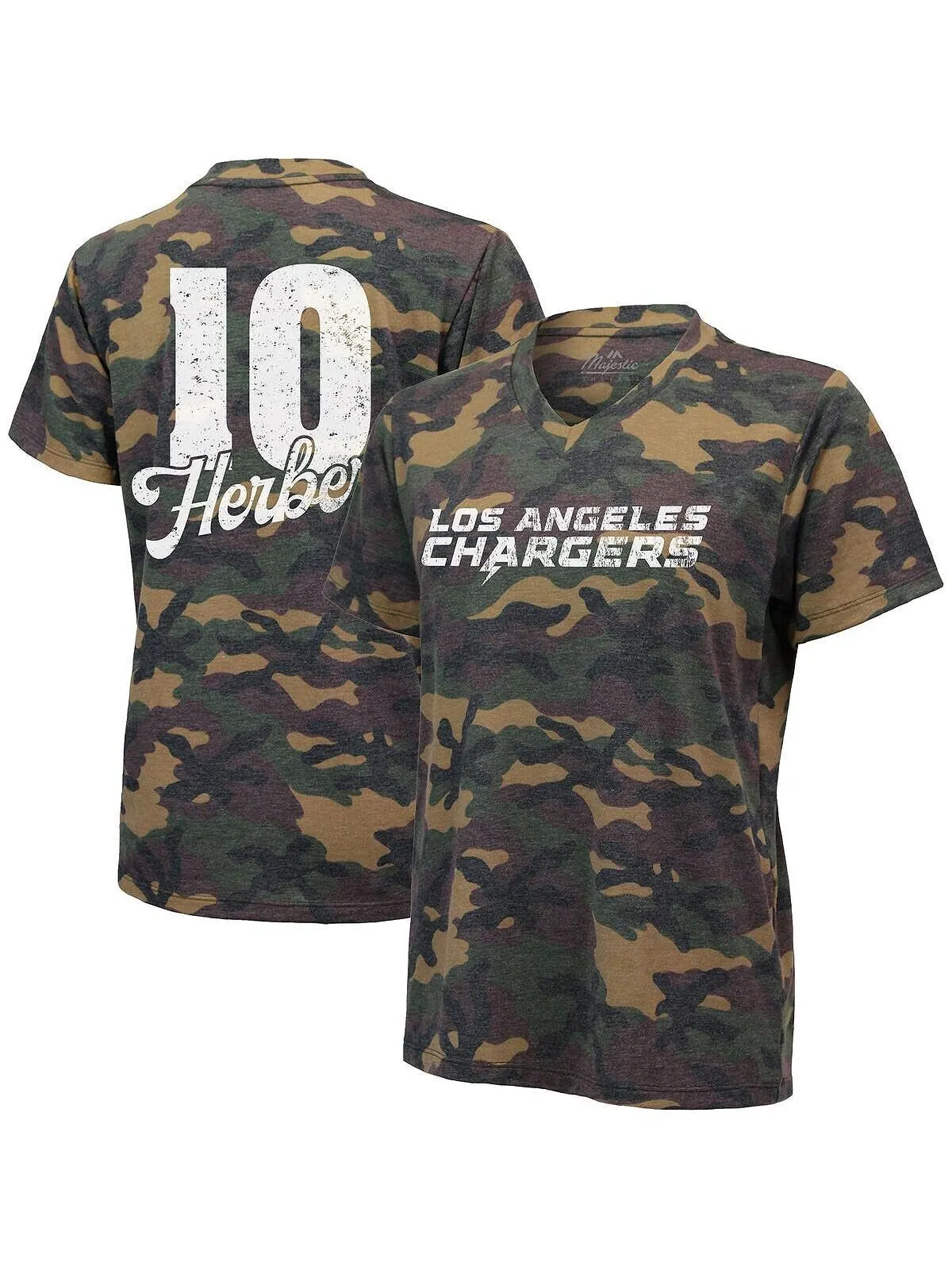 Женская футболка Justin Herbert Camo Los Angeles Chargers с именем и номером Tri-Blend с v-образным — изображение 1 из 2