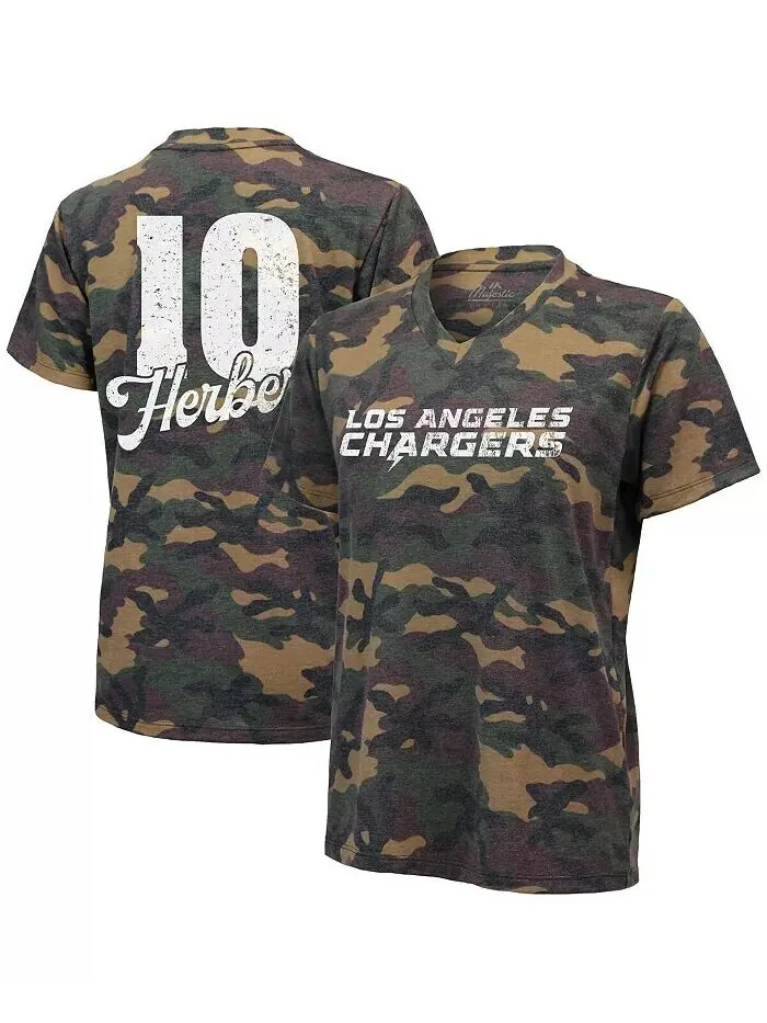 Женская футболка Justin Herbert Camo Los Angeles Chargers с именем и номером Tri-Blend с v-образным — без цвета