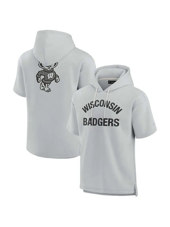 Мужской и женский серый пуловер с капюшоном из супермягкого флиса Wisconsin Badgers с короткими — изображение 1 из 3