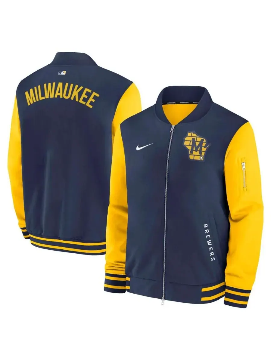 Nike Мужская темно-синяя/золотая куртка-бомбер Milwaukee Brewers Authentic Collection Dugout на — изображение 1 из 3