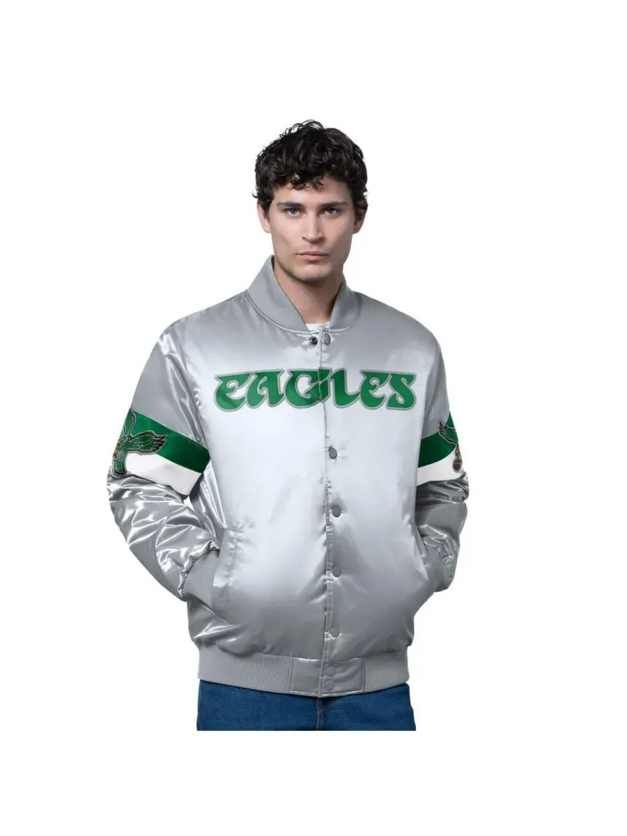 Starter Мужская серебристая университетская куртка Philadelphia Eagles Triple Option с застежкой на — изображение 1 из 2