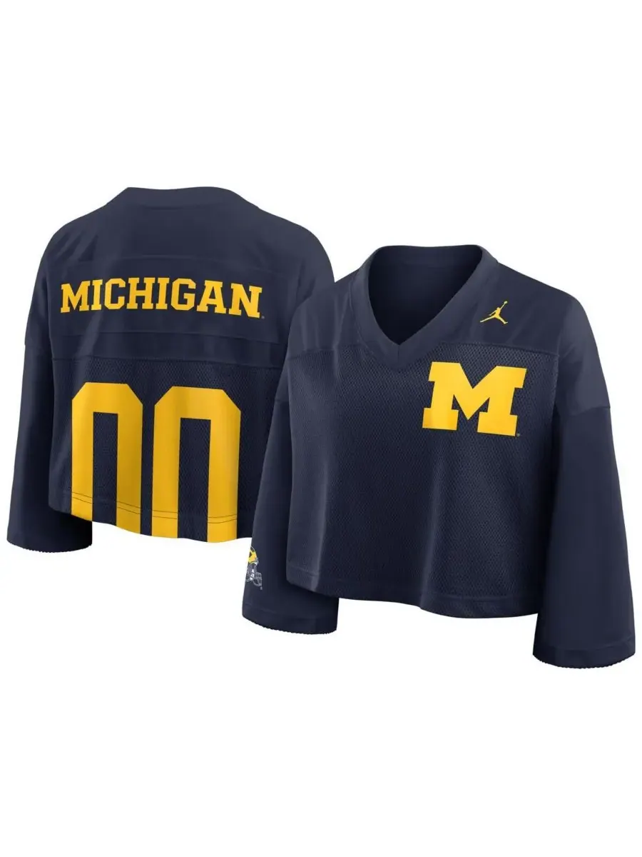 Jordan Женская укороченная сетчатая футболка Michigan Wolverines темно-синего цвета с технологией — изображение 1 из 3