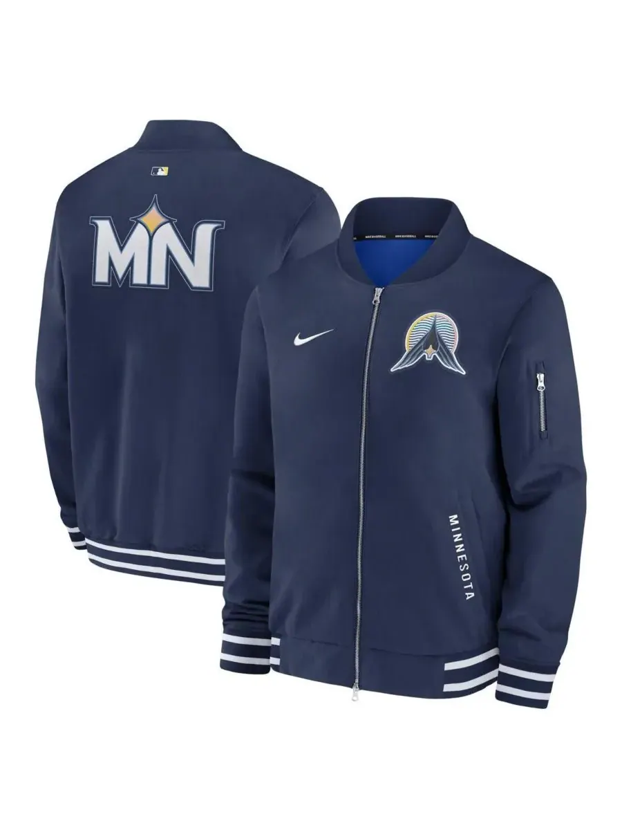 Nike Мужская темно-синяя куртка-бомбер Minnesota Twins Authentic Collection City Connect на молнии — изображение 1 из 3