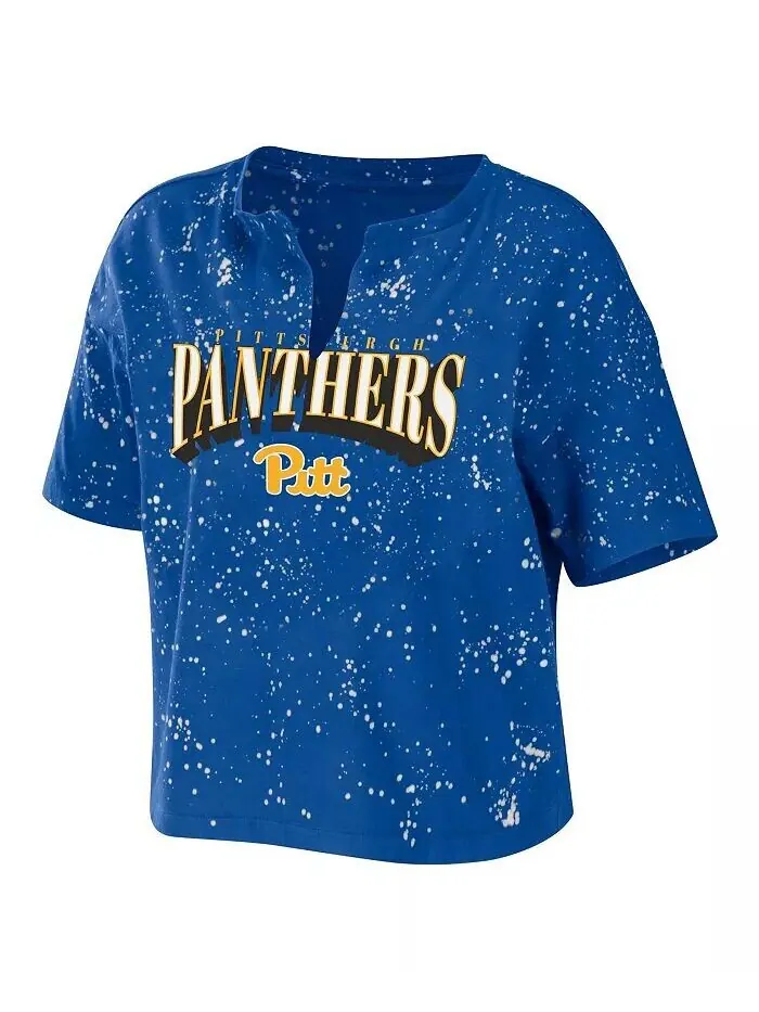 Женская футболка Royal Pitt Panthers Bleach Wash Splatter Notch Neck Wear By Erin Andrews — изображение 2 из 3