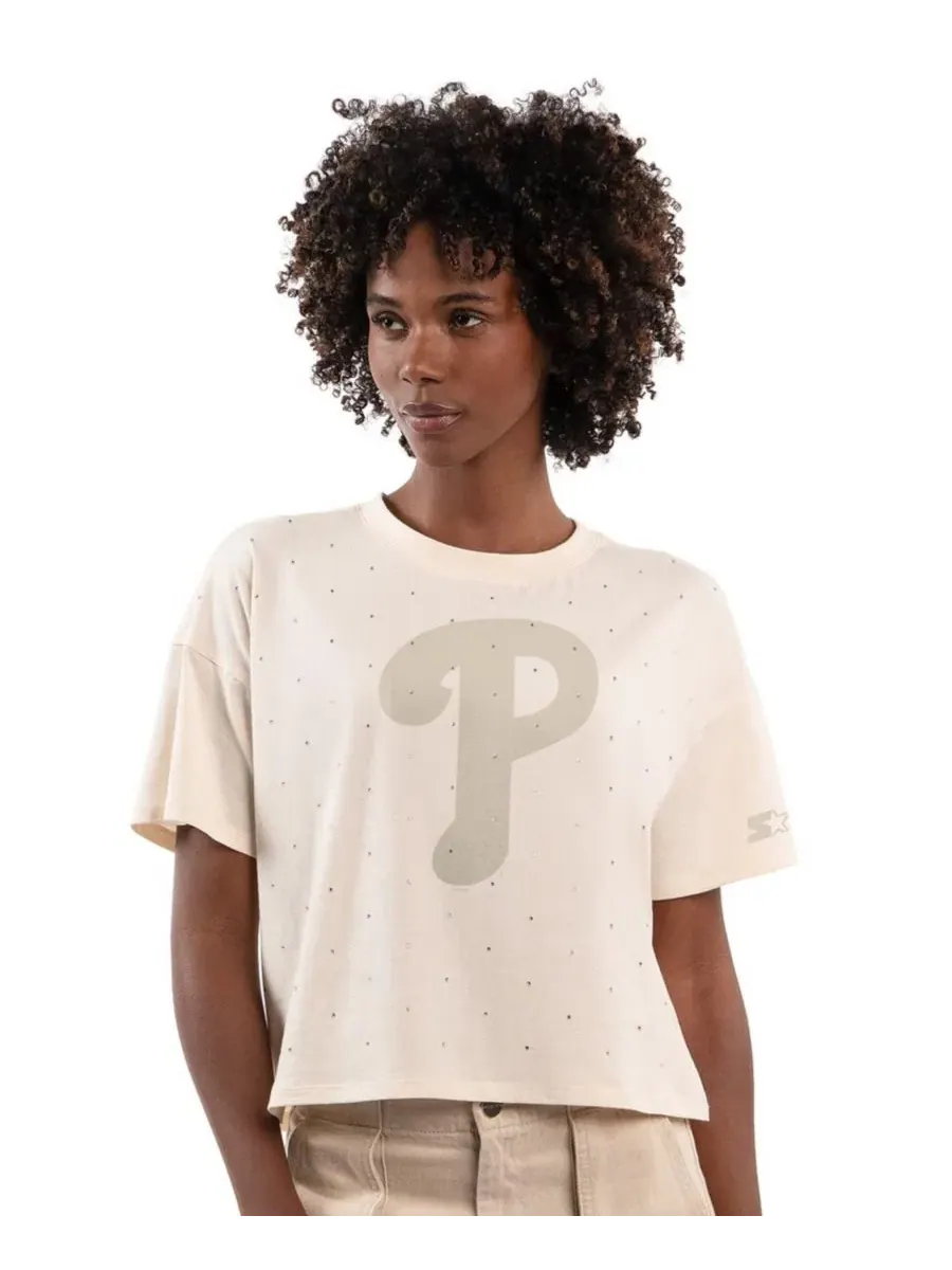 Футболка-кроп с принтом Philadelphia Phillies Rhinestone Sprinkle Starter — изображение 1 из 2, бежевый