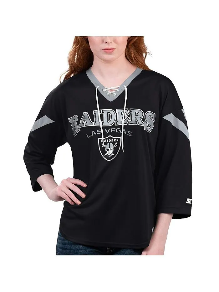 Черная женская футболка с рукавами 3/4 на шнуровке Las Vegas Raiders Rally Starter — изображение 1 из 1, черный