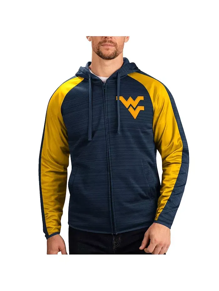 Мужская синяя толстовка с капюшоном West Virginia Mountaineers Neutral Zone на молнии реглан G-III — изображение 1 из 2