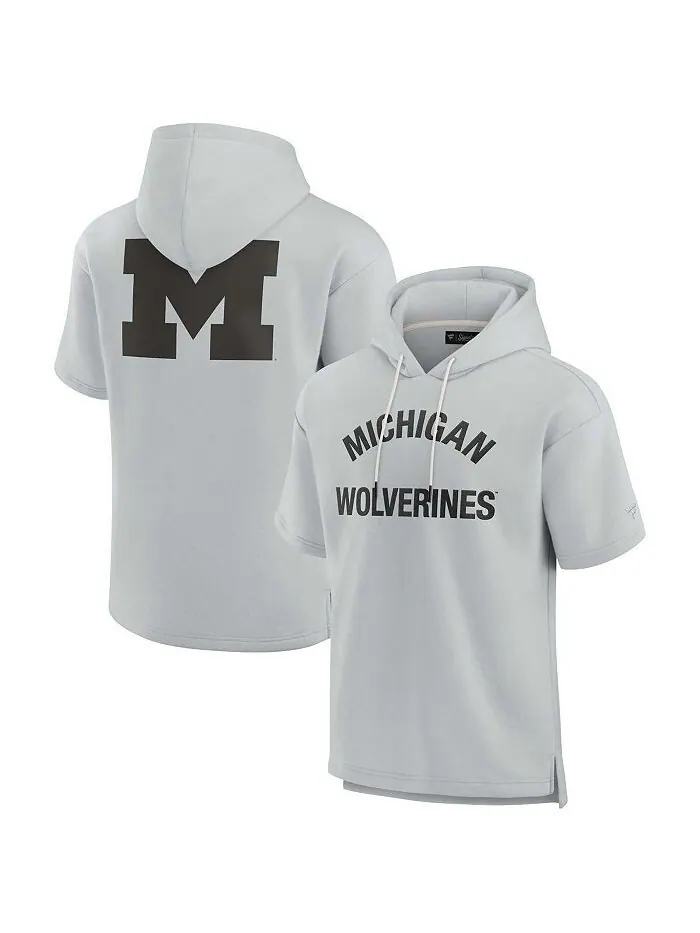 Мужской и женский серый супермягкий флисовый пуловер с капюшоном Michigan Wolverines с короткими — изображение 1 из 3