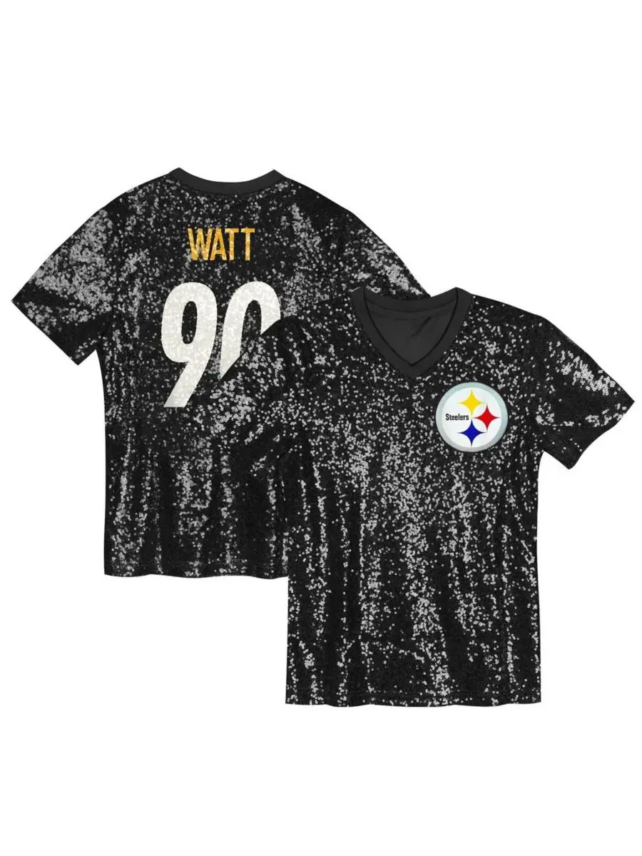Outerstuff Детская футболка TJ Watt Black Pittsburgh Steelers с V-образным вырезом и пайетками — изображение 1 из 3, черный