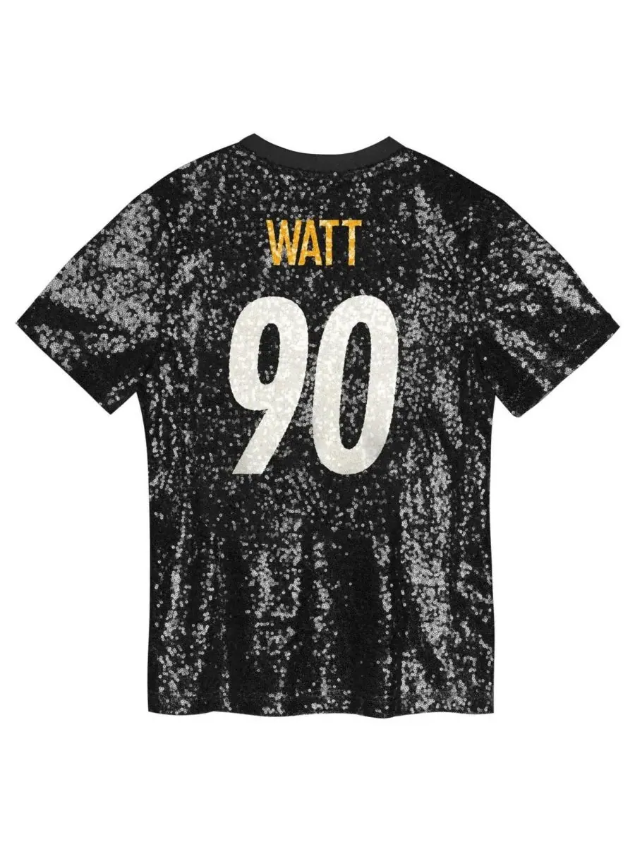 Outerstuff Детская футболка TJ Watt Black Pittsburgh Steelers с V-образным вырезом и пайетками — изображение 2 из 3, черный