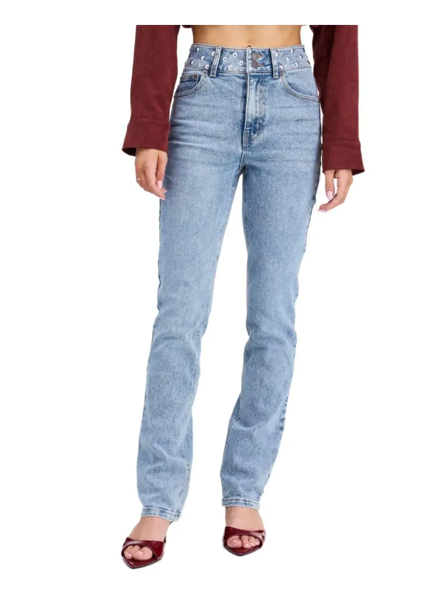 Джинсы прямого кроя с заклепками Kittenish Briar High-Waisted Straight-Leg Studded Jeans, Med Wash — изображение 1 из 5