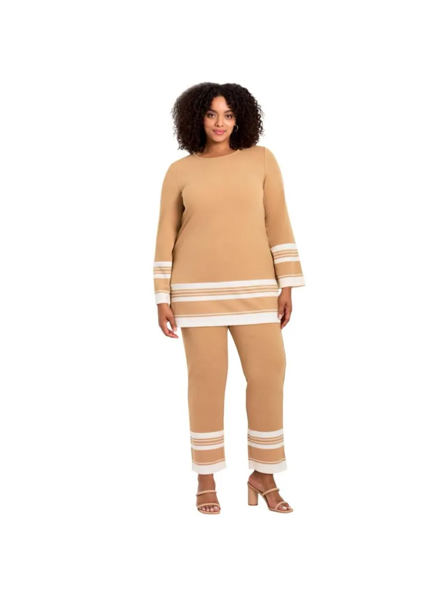 Женские брюки прямого кроя в полоску с каймой, больших размеров AVENUE, Soft camel stripe — изображение 1 из 3
