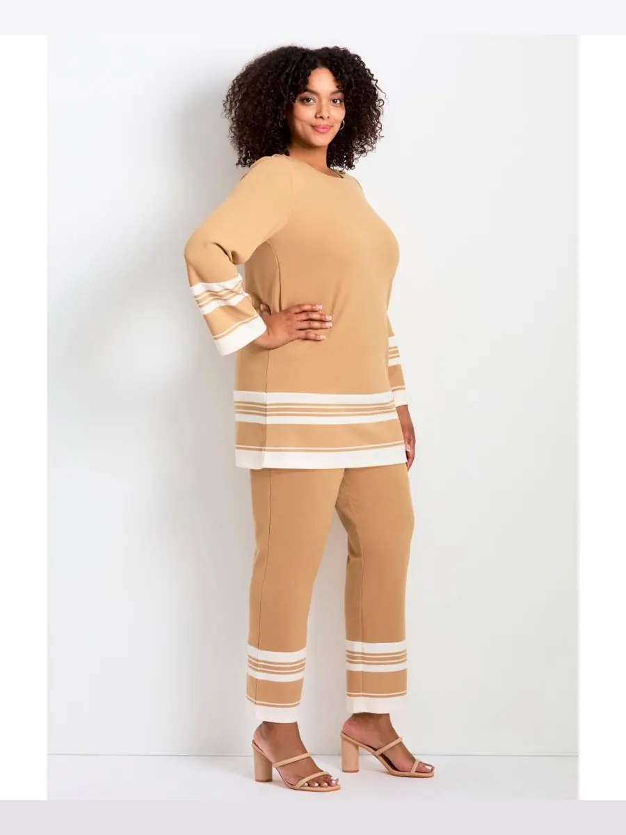 Женские брюки прямого кроя в полоску с каймой, больших размеров AVENUE, Soft camel stripe — изображение 3 из 3