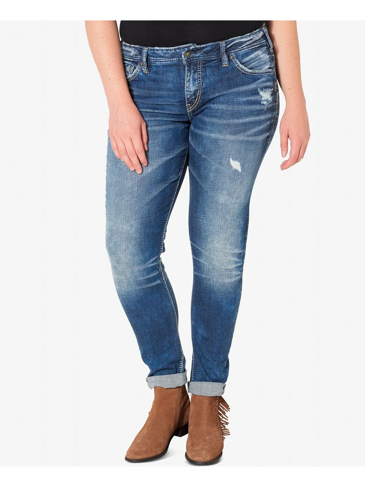 Плюс размер выстиранные рваные джинсы girlfriend цвета индиго Silver Jeans Co. — изображение 1 из 5, синий