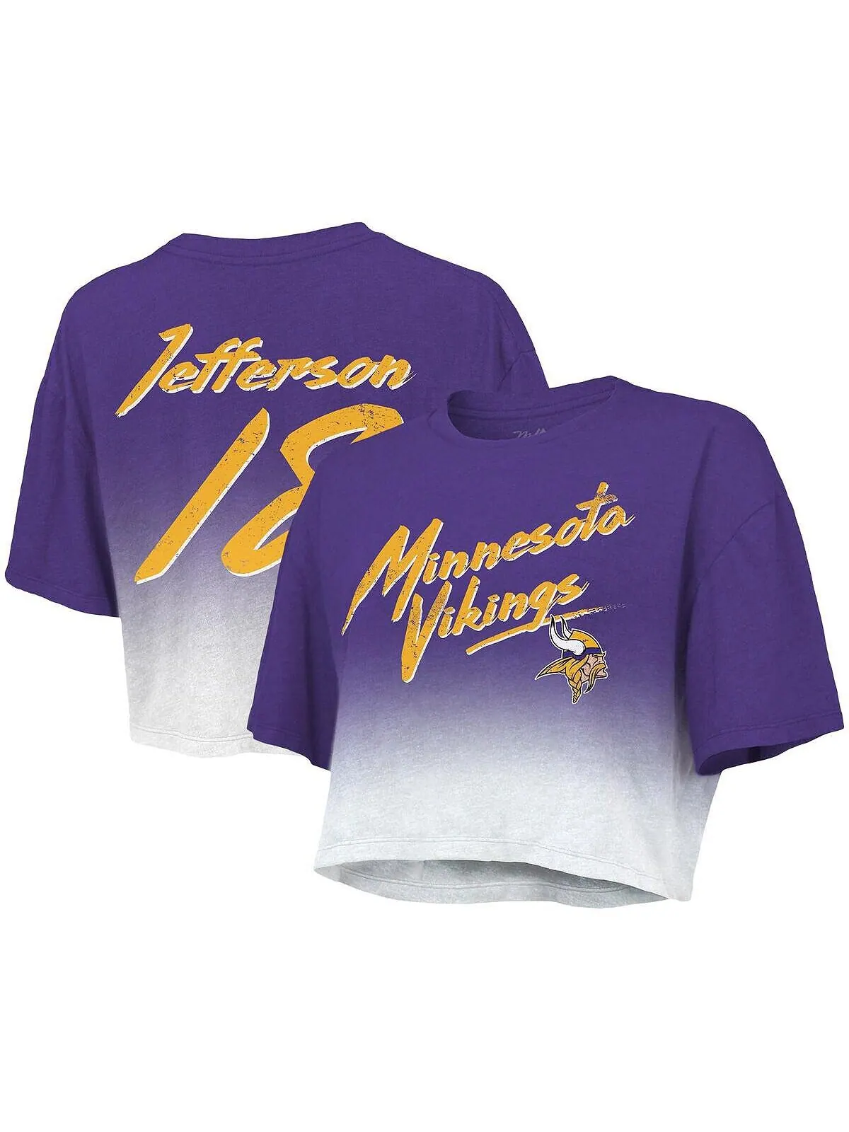 Женские нитки Justin Jefferson Пурпурно-белая футболка Minnesota Vikings Drip-Dye с именем и — изображение 1 из 2