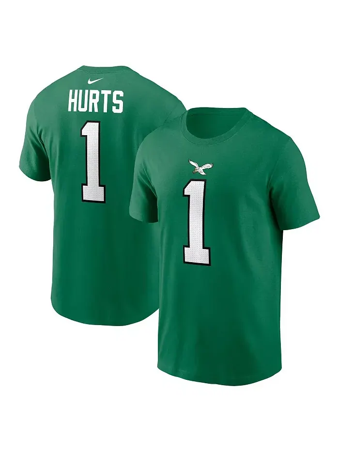 Мужская футболка Jalen Hurts Kelly Green Philadelphia Eagles с именем и номером игрока — изображение 1 из 3