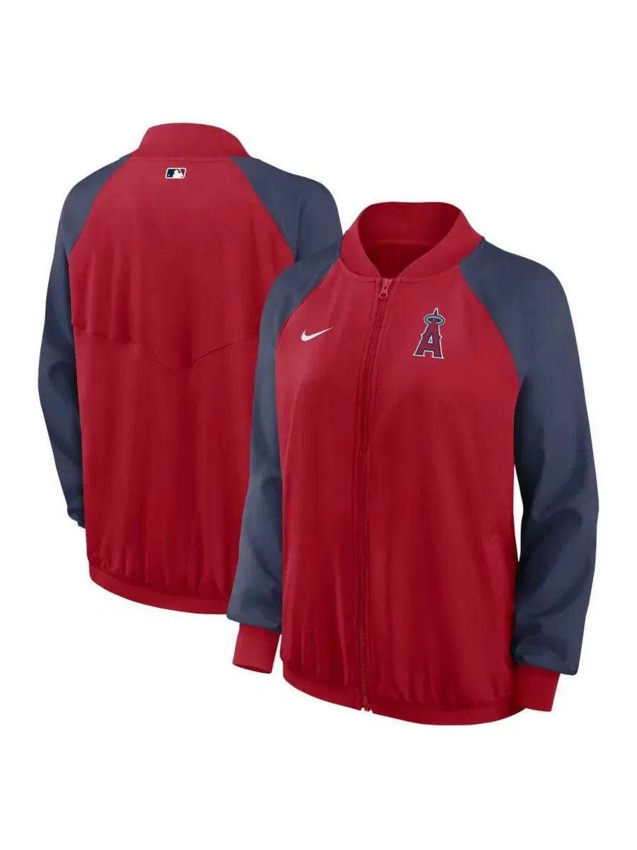 Nike Женская красная куртка Los Angeles Angels из аутентичной коллекции с рукавами реглан и полной — изображение 1 из 3