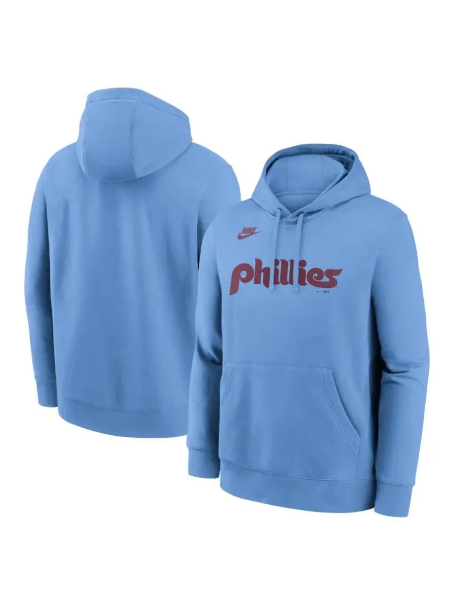 Мужская светло-голубая толстовка Philadelphia Phillies Cooperstown Collection Wordmark Club Nike — изображение 1 из 3