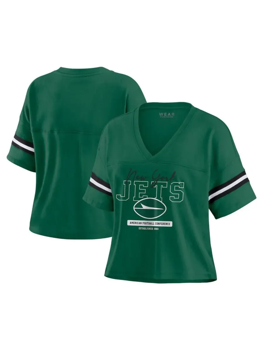 WEAR by Erin Andrews Женская зеленая футболка New York Jets с V-образным вырезом, свободного кроя — изображение 1 из 4