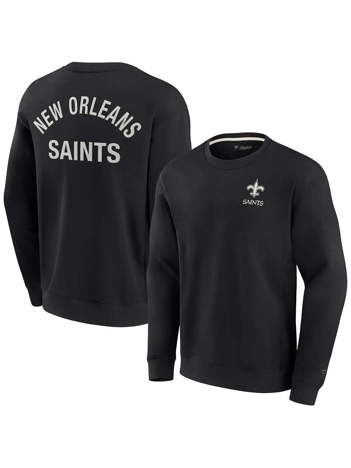 Мужской и женский черный супермягкий пуловер New Orleans Saints, свитшот с круглым вырезом Fanatics — изображение 1 из 3