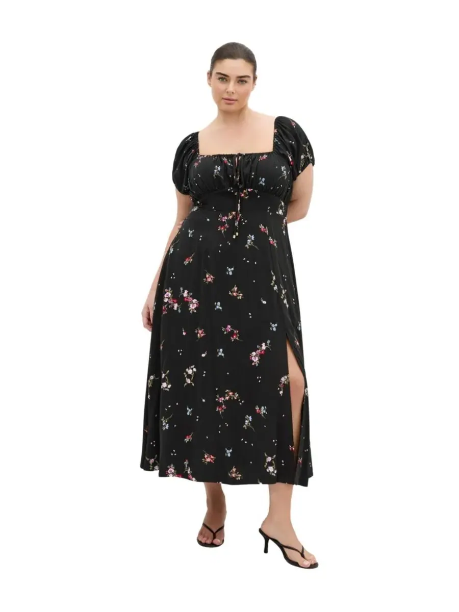 Платье-миди с принтом Abbie Floral-Print Sweetheart Neckline Midi Dress CITY CHIC, Petal Bouquet Blk — изображение 1 из 4