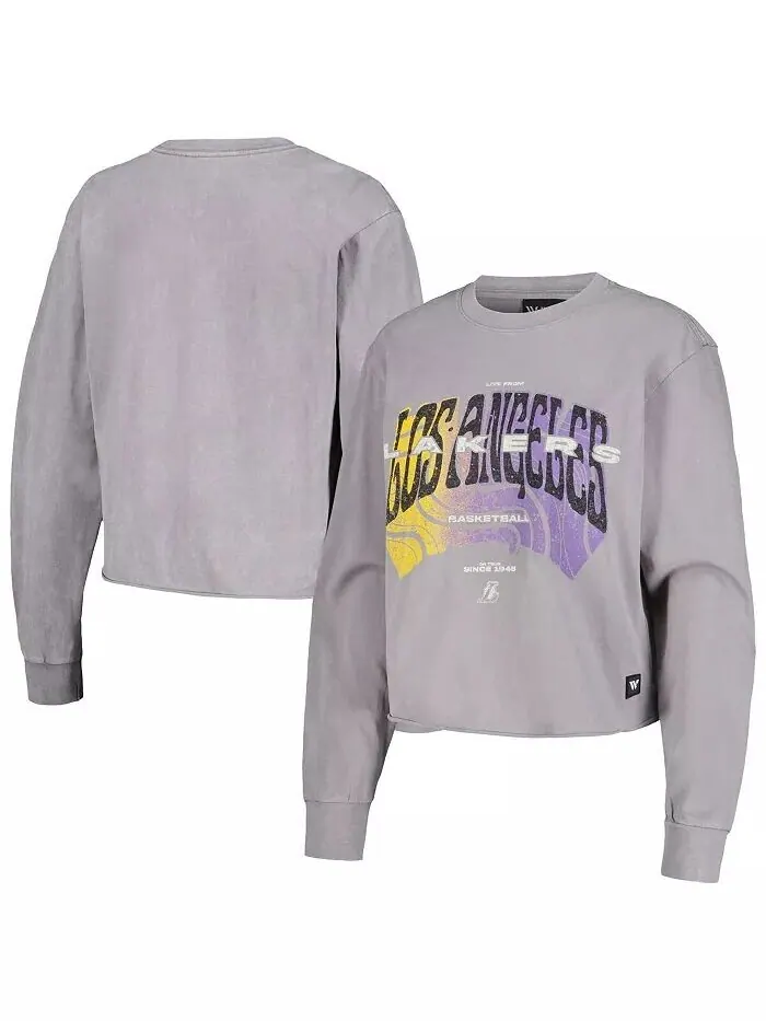 Женская серая потертая футболка с длинным рукавом с надписью Los Angeles Lakers Band The Wild — изображение 1 из 3