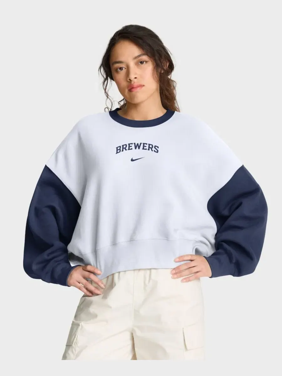 Оversized свитшот из флиса с длинным рукавом, модель Oversized High Hip Fleece Nike — изображение 1 из 5, белый темно-синий