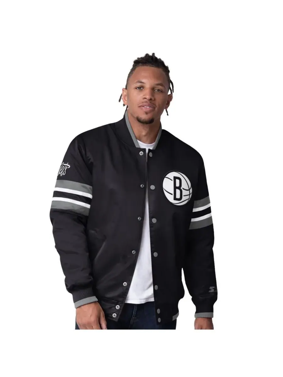 Starter Мужская черная атласная куртка Brooklyn Nets Scout Varsity с застежкой на кнопках — изображение 1 из 2, черный