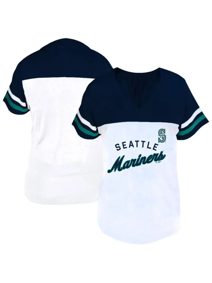 Футболка с V-образным вырезом с длинным рукавом Seattle Mariners Plus Size Two-Stripe V-Neck — изображение 1 из 3