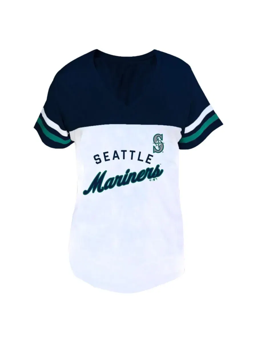 Футболка с V-образным вырезом с длинным рукавом Seattle Mariners Plus Size Two-Stripe V-Neck — изображение 3 из 3