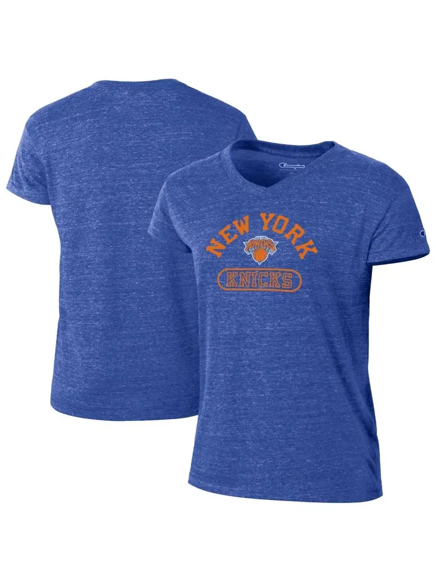 Футболка три-бленд с V-образным вырезом New York Knicks Champion — изображение 1 из 3, синий