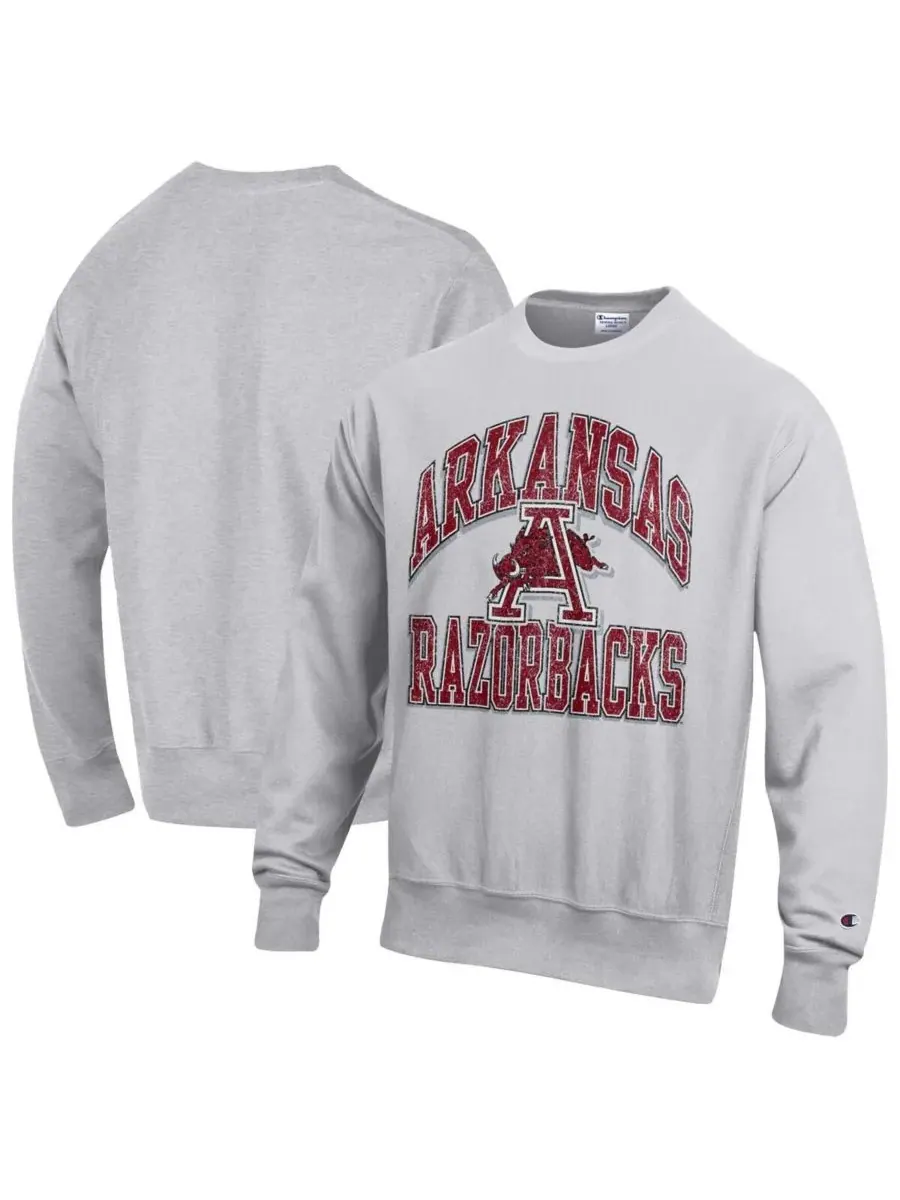 Champion Мужская серая толстовка с круглым вырезом и логотипом Arkansas Razorbacks с эффектом — изображение 1 из 3, серый
