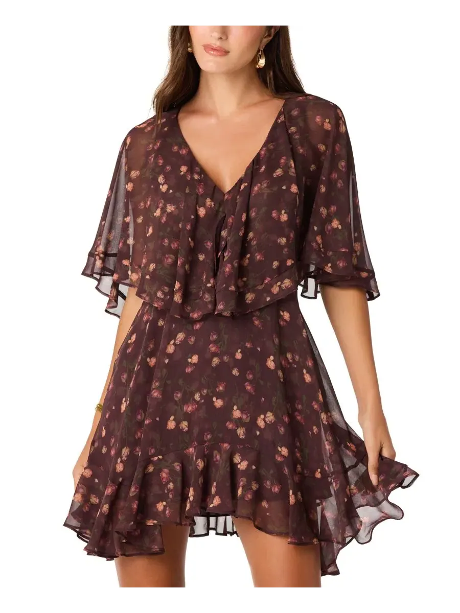 Платье-трапеция с V-образным вырезом и коротким рукавом Lilah ASTR the Label, Eggplant F — изображение 1 из 4