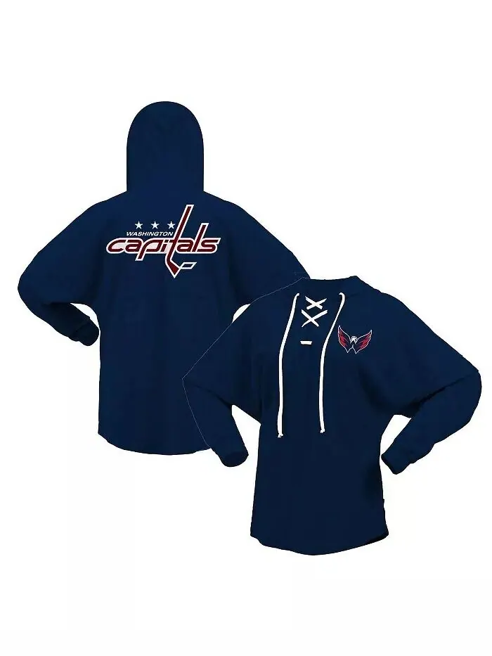 Женская темно-синяя футболка Washington Capitals Jersey Lace-Up с V-образным вырезом и длинным — изображение 1 из 3