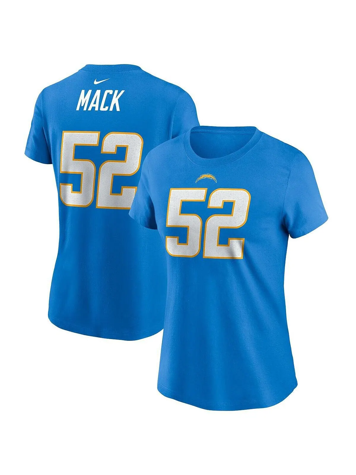 Женская футболка Khalil Mack Powder Blue Los Angeles Chargers с именем и номером игрока Nike