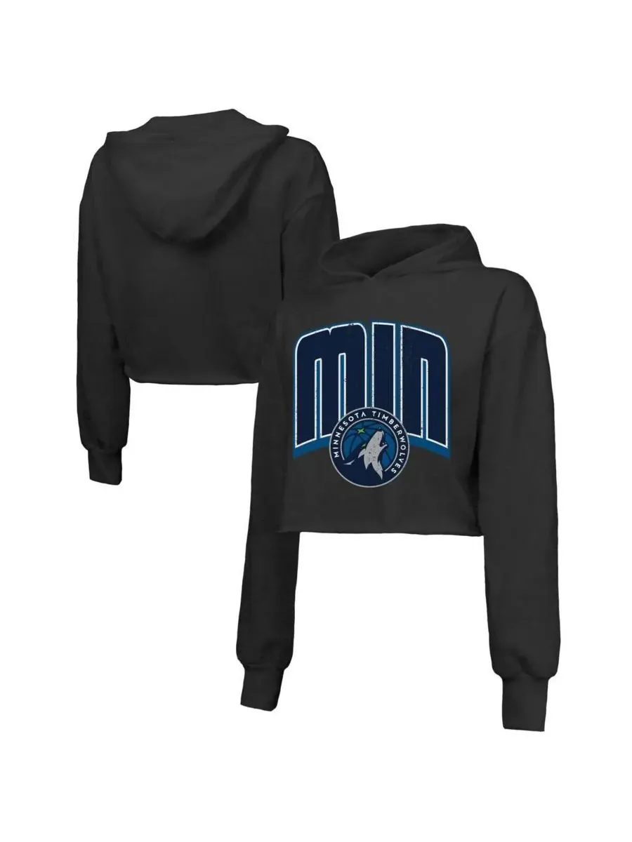 Majestic Женская черная укороченная толстовка с капюшоном Minnesota Timberwolves Tri-Blend — изображение 1 из 3, черный