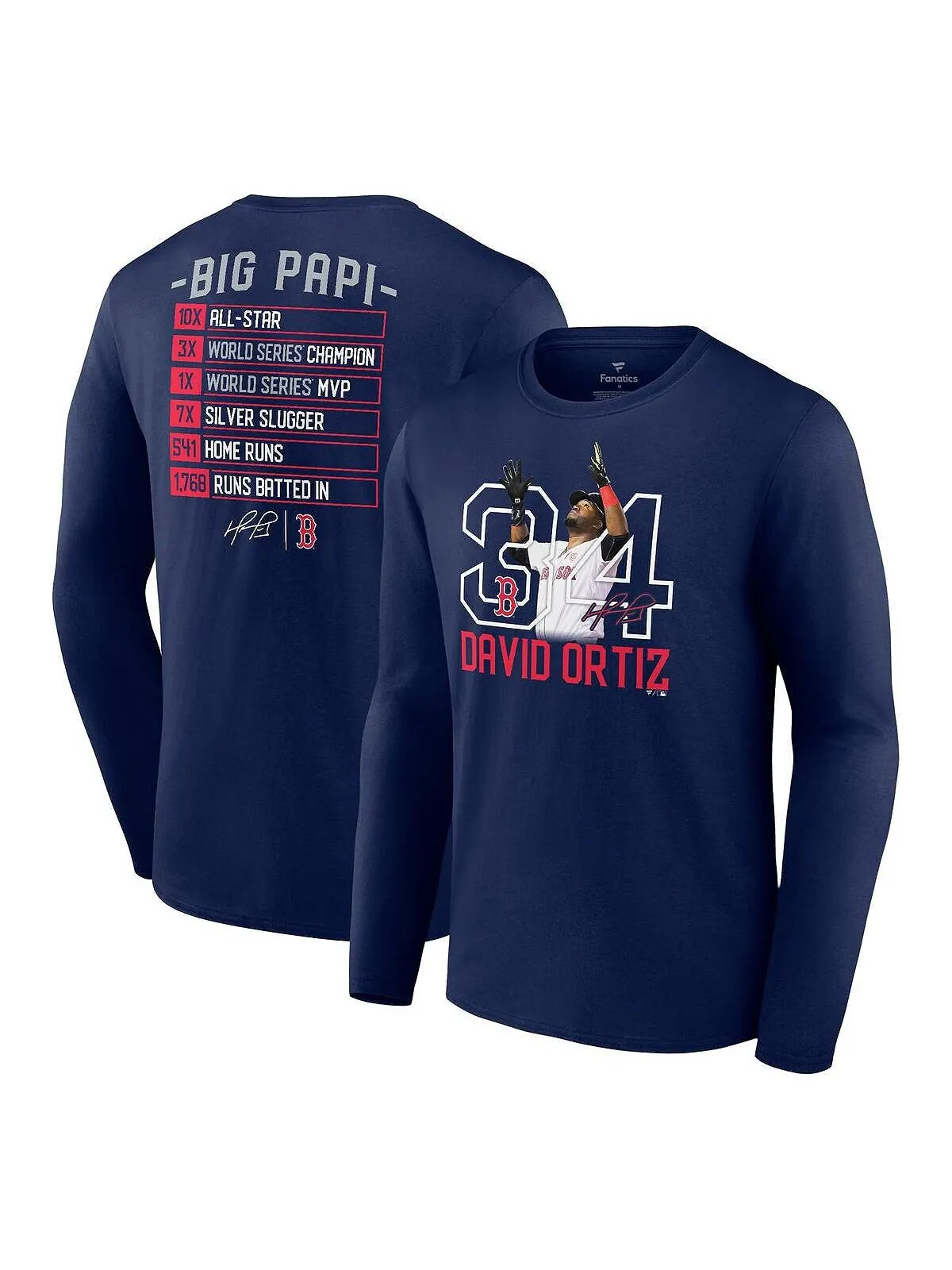 Мужская фирменная футболка с длинным рукавом david ortiz navy boston red sox stats resume Fanatics — изображение 1 из 3
